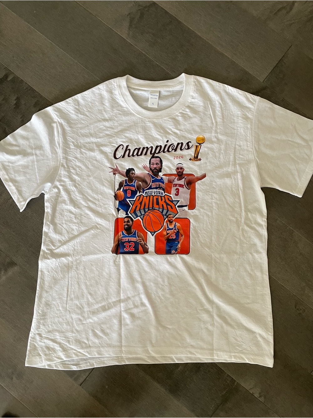 New York Knicks 2026 NBA Finals Champions player collage graphic t-shirt L